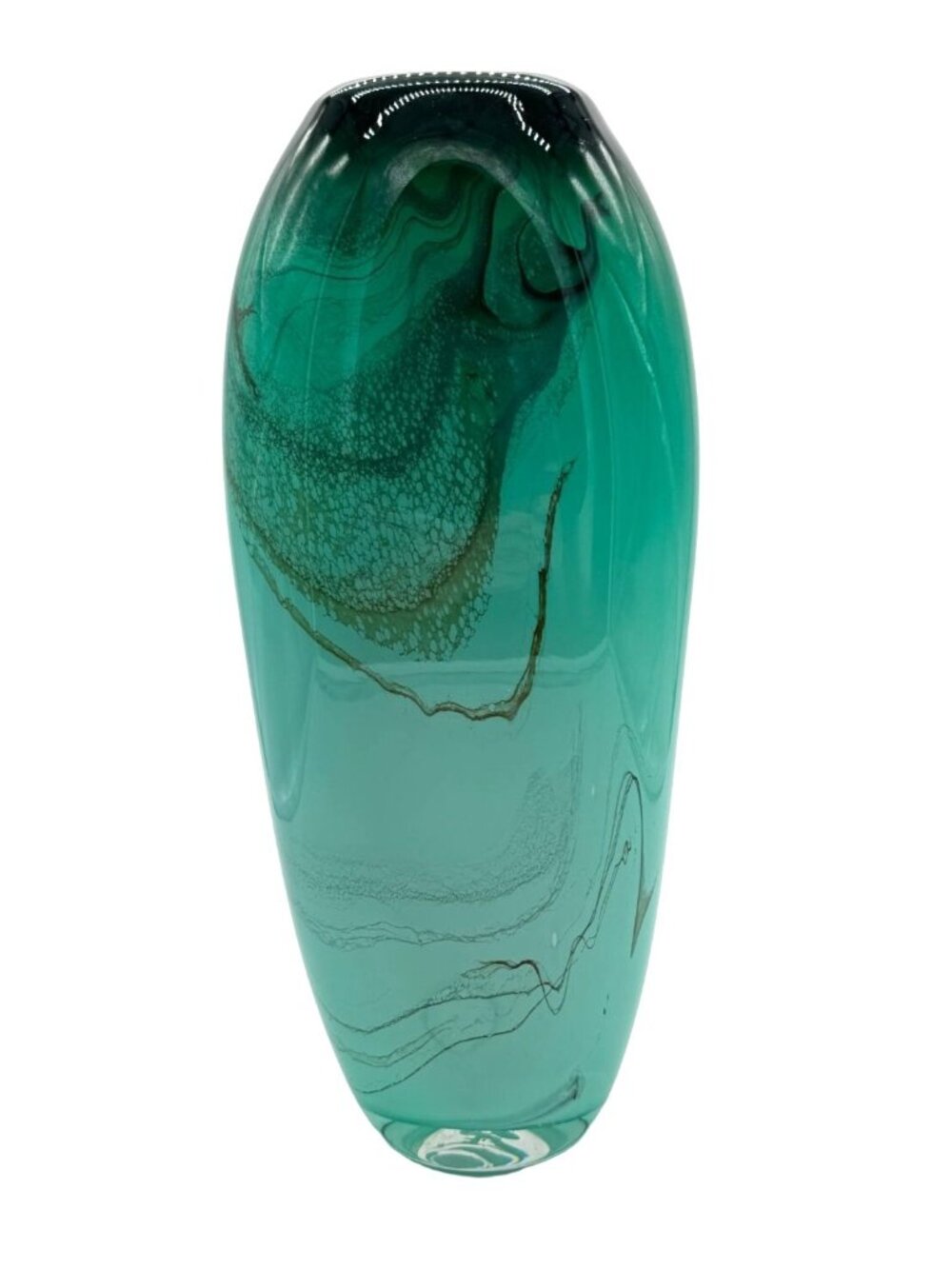Dan Bergsma Art Glass Vase Signed Numbered Hand Blown Cased Sea Green Swirls 13"